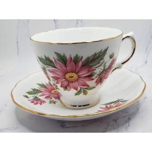 Royal Vale Bone China Pink Floral Tea Cup & Saucer Gold Trim Made In England VTG